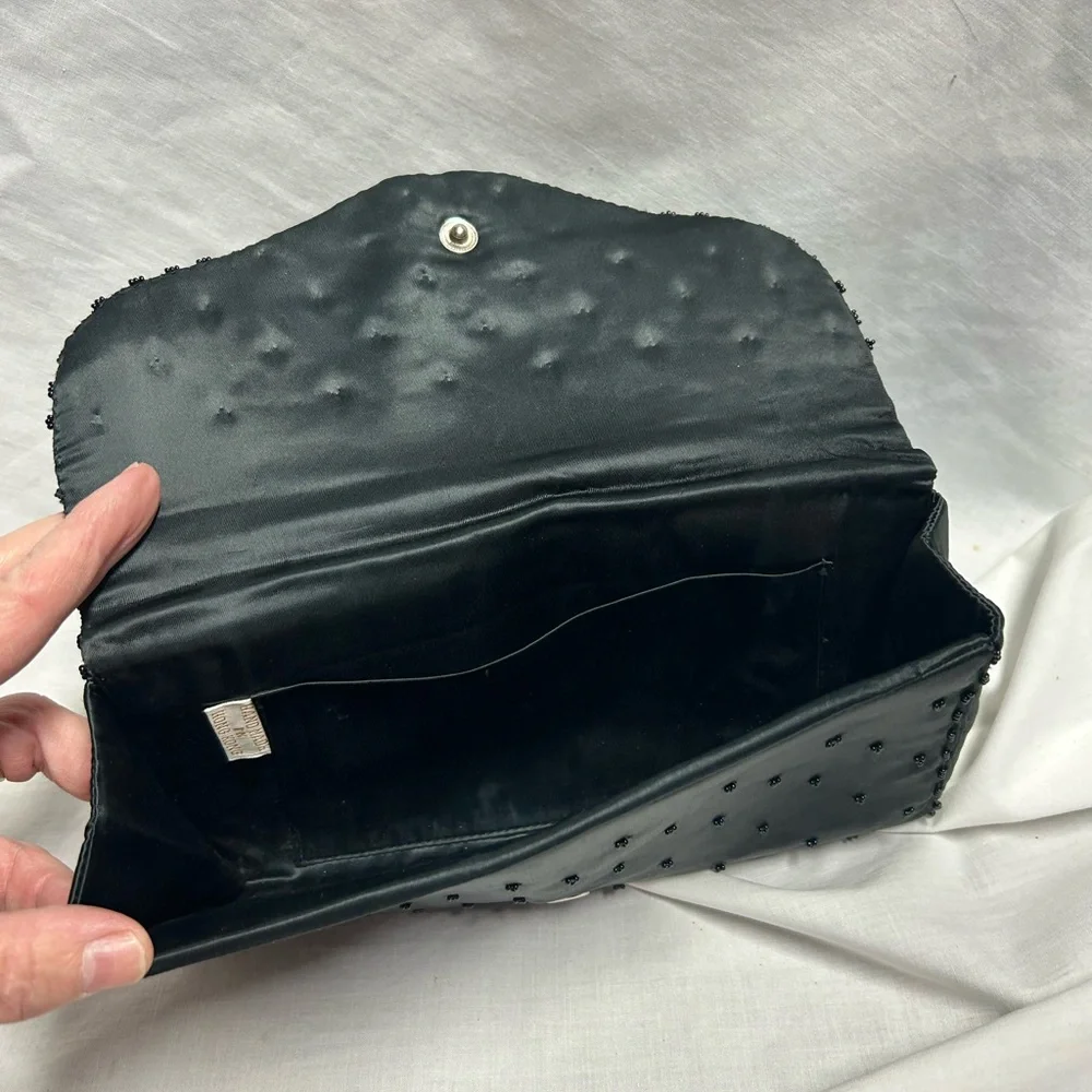 Nice Vintage Art Deco Clutch Black Beaded Sequin Satin Made In Hong Kong - Picture 7 of 9
